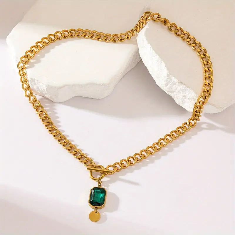 Chunky Chain Szmaragd Pendant Naszyjnik | Złoto