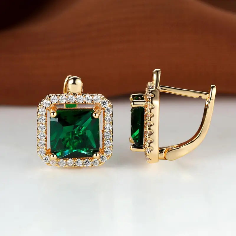 Golden Green Square Zirconia Kolczyki | Złoto