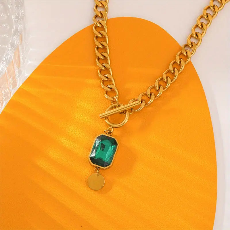Chunky Chain Szmaragd Pendant Naszyjnik | Złoto