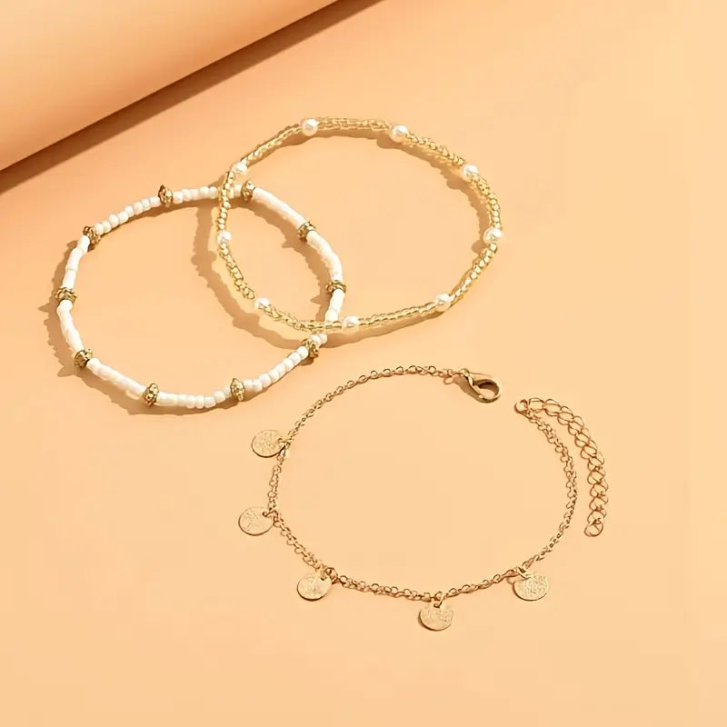 Coastal Zawieszka 3-Piece Layered Anklet Zestaw | Złoto
