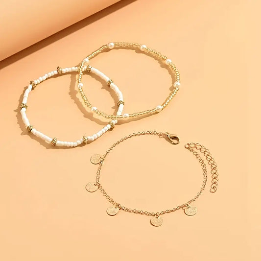 Coastal Zawieszka 3-Piece Layered Anklet Zestaw | Złoto