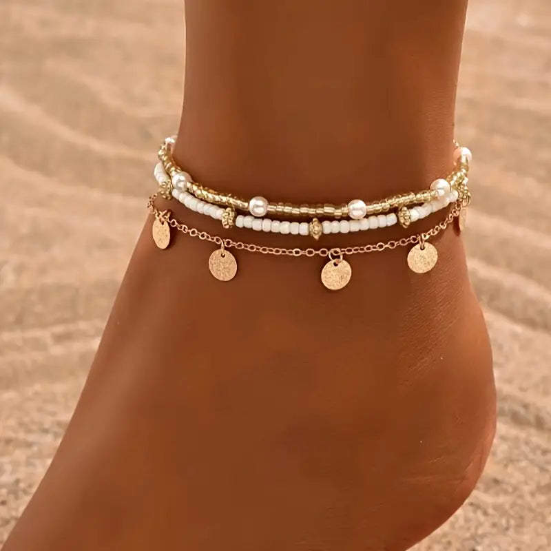 Coastal Zawieszka 3-Piece Layered Anklet Zestaw | Złoto