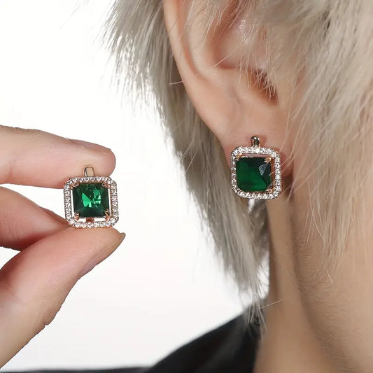 Golden Green Square Zirconia Kolczyki | Złoto
