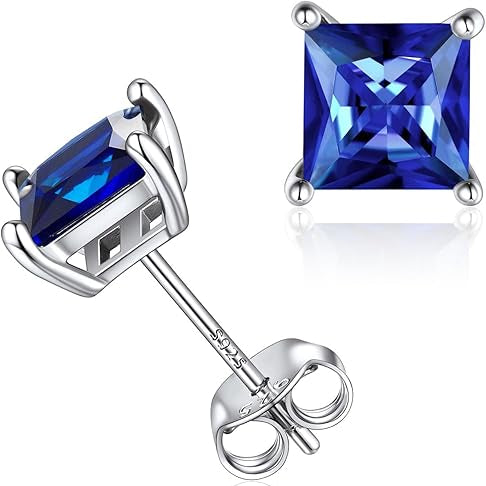 Minimalist Princess Cut Szafir Kolczyki Sztyfty | Biały Złoto
