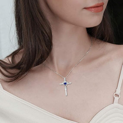 Szafir Serce Kamień Cross Naszyjnik | Biały Złoto