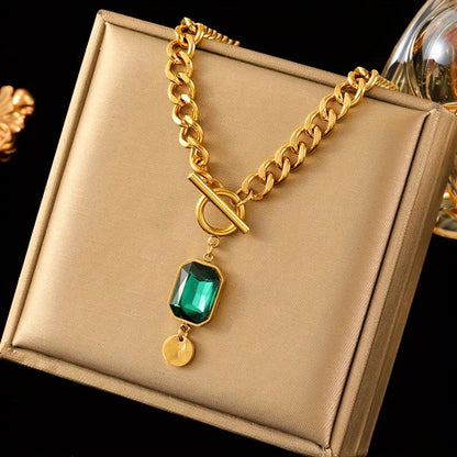 Chunky Chain Szmaragd Pendant Naszyjnik | Złoto