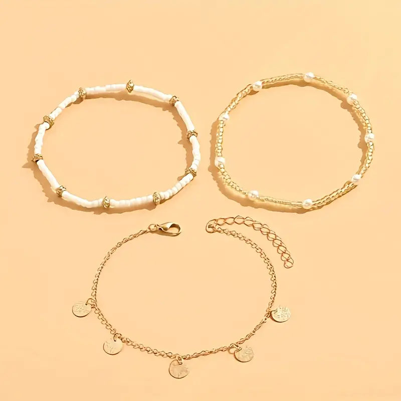 Coastal Zawieszka 3-Piece Layered Anklet Zestaw | Złoto