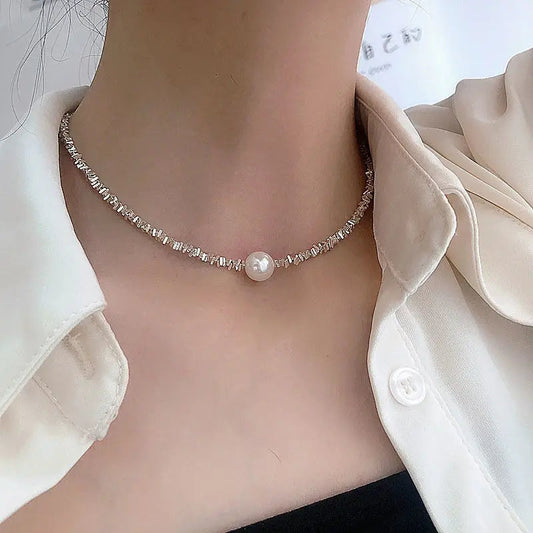 Srebro Minimalist Perła Choker Naszyjnik