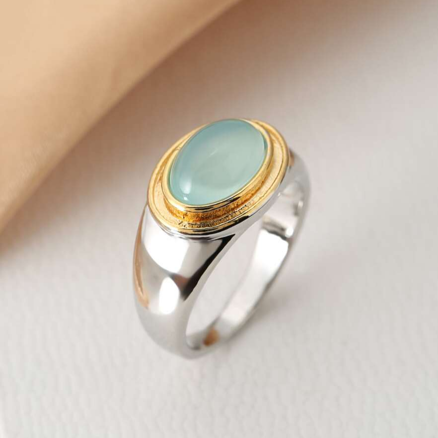 Srebro and Złoto Bezel Cabochon Pierścionek