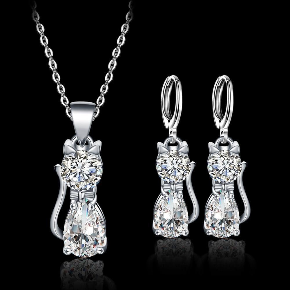Zestaw Naszyjnik + Kolczyki Happy Cats in Sterling Srebro and Polished Biały Zirconium