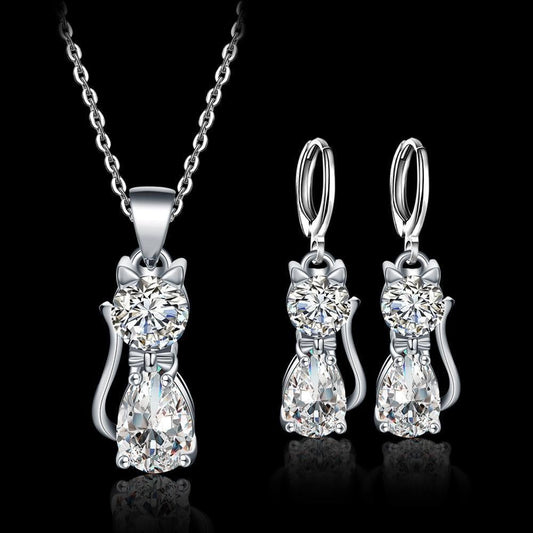 Zestaw Naszyjnik + Kolczyki Happy Cats in Sterling Srebro and Polished Biały Zirconium